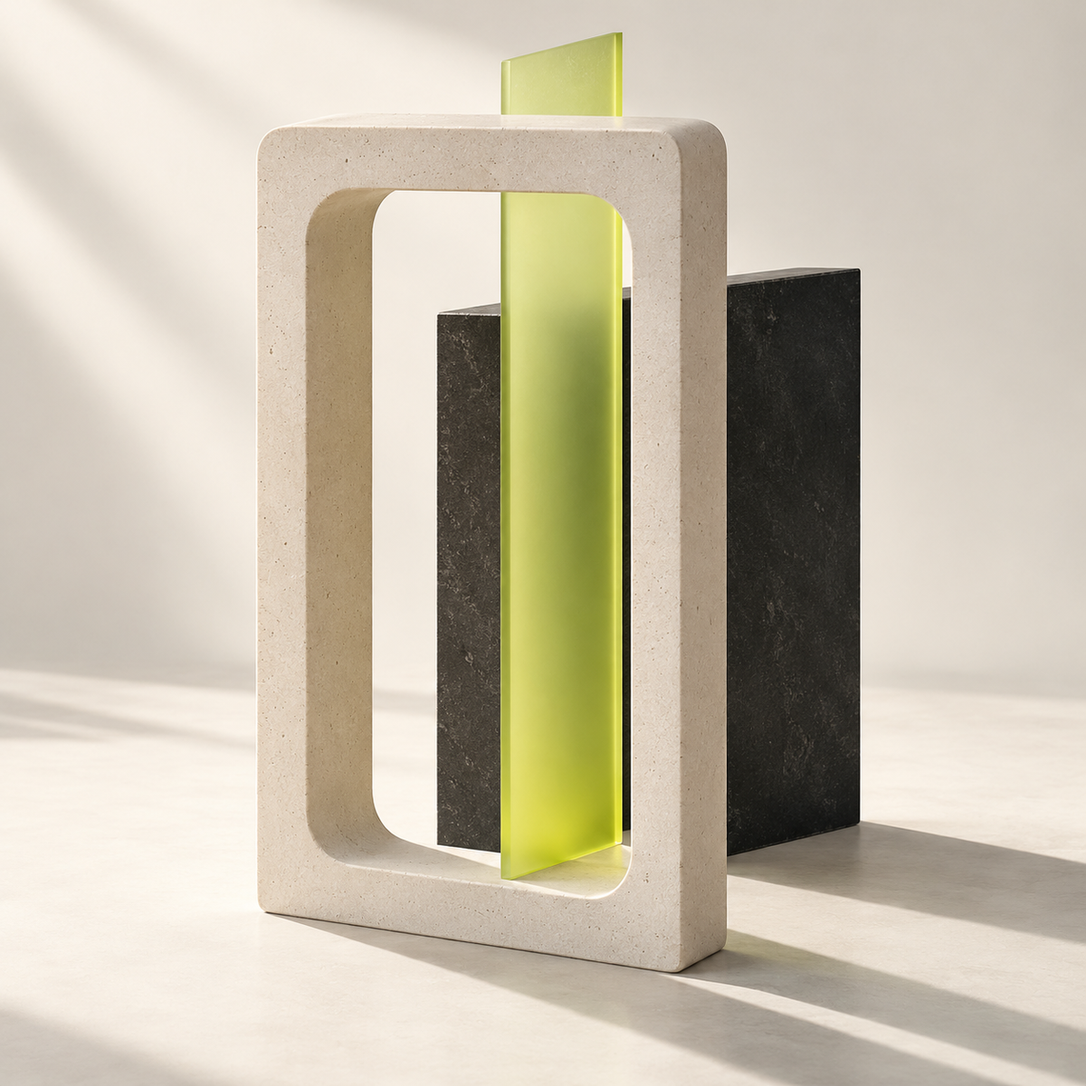 Shop design represented by an ivory frame, charcoal slab and lime panel.