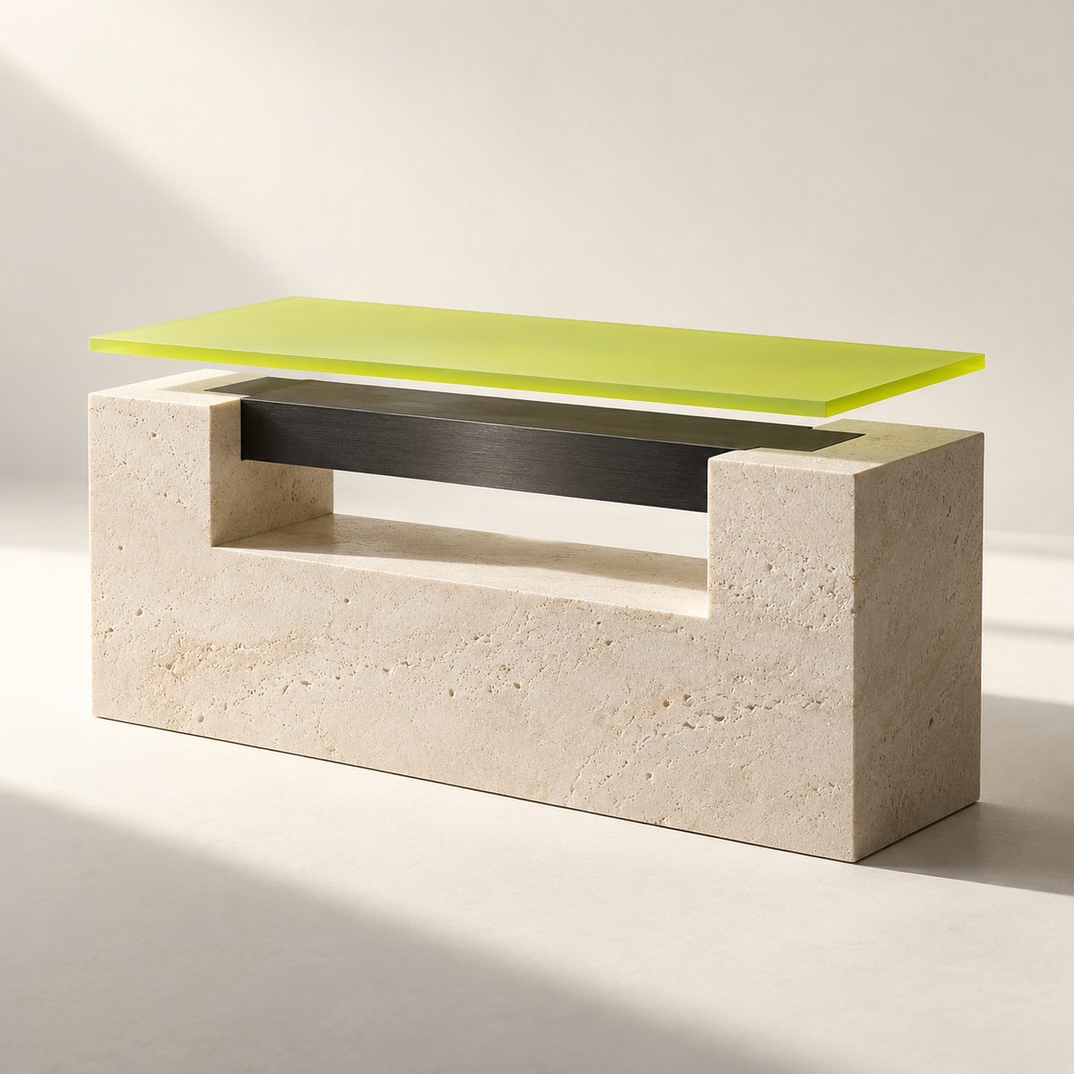 Headless commerce represented by a lime plane suspended above an ivory and charcoal foundation.