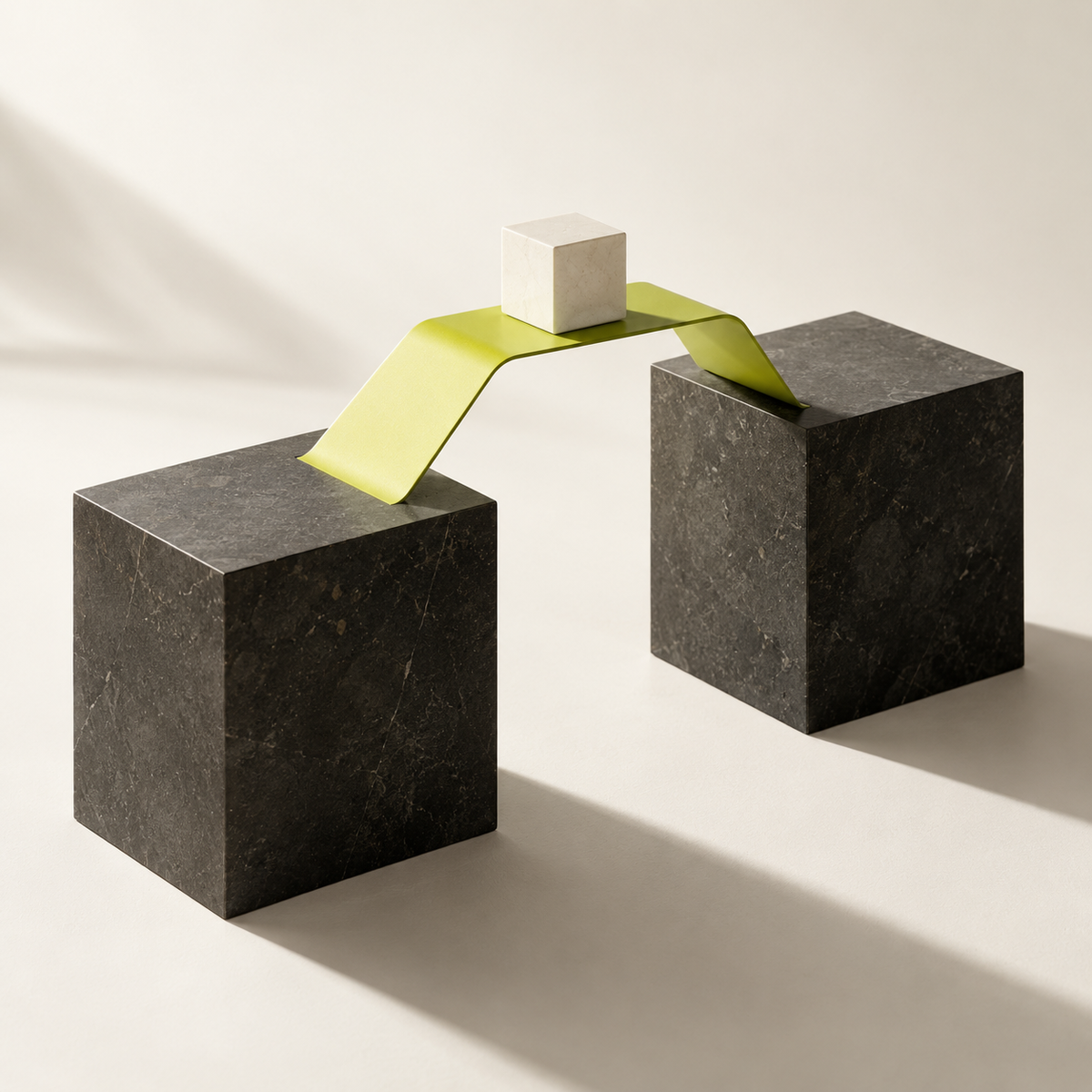 Shopify migration represented by a lime bridge connecting two charcoal blocks.