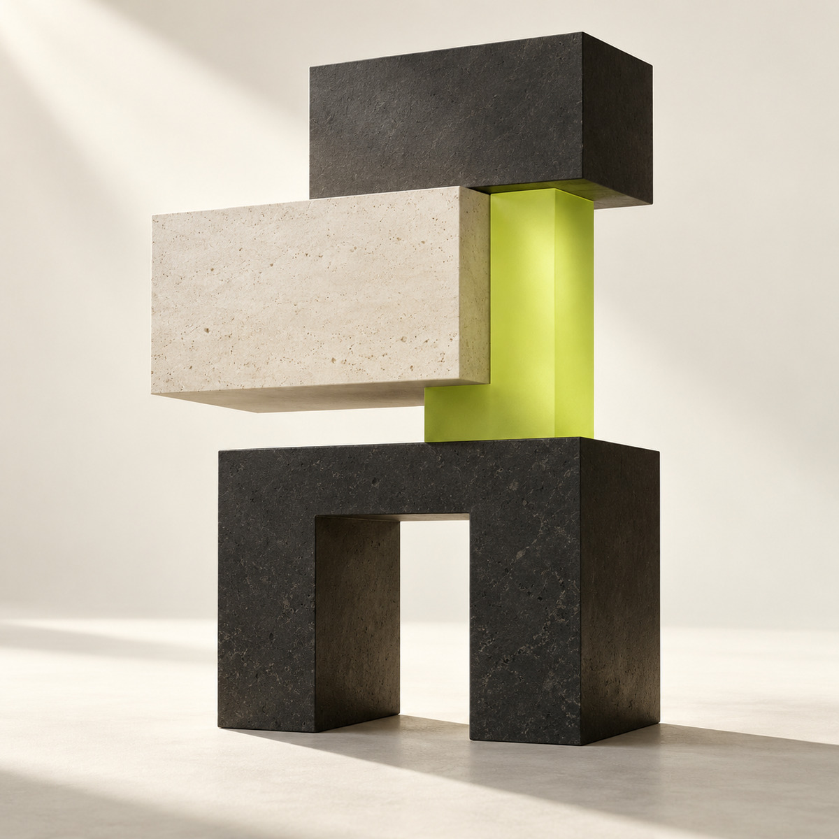 Shopify development represented by stacked charcoal and ivory blocks with a lime support.